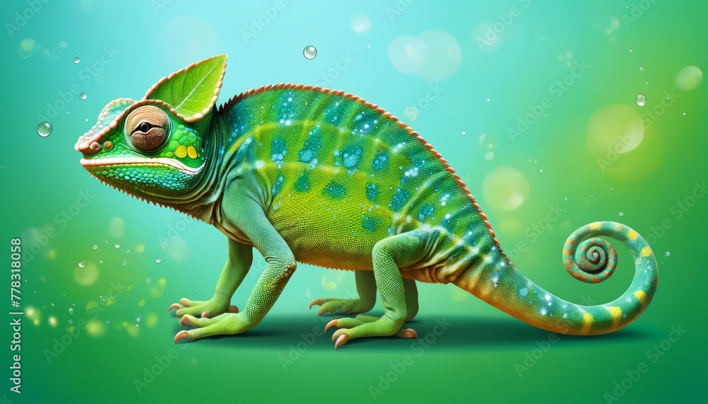 A chameleon, green in color, holds a green leaf atop its head and trails another one behind its tail Amidst a uniformly green backdrop A chameleon, green in color, holds a green leaf atop its head and trails another one behind its tail Amidst a uniformly green backdrop