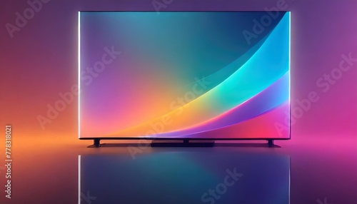 Flat screen LED television on a background with abstract shapes and iridescent colors with yellow, pink, green, orange.