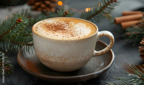 A cup of fresh fragrant cappuccino on a table at the coffee surrounded by Beans against nice coffee for winter season with fresh fir or pine branches of the Christmas Good morning or Have a nice day.