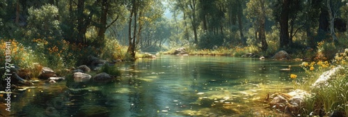 A painting depicting a river flowing through a landscape of trees.