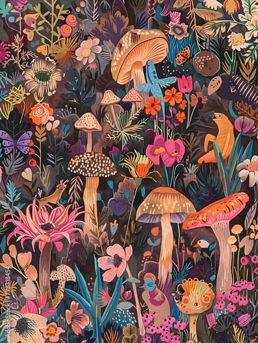 Enchanting Botanical Wonderland Vibrant Floral and Fungal Tapestry in a Whimsical Handcrafted Style
