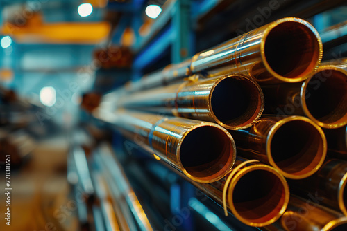 Close up of shiny steel pipes stacked in a warehouse © lermont51