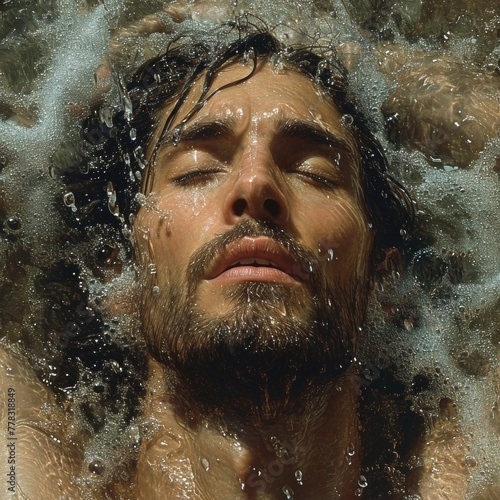 A mans eyes closed as he participates in a baptism ceremony conducted by Jesus in a serene pond.