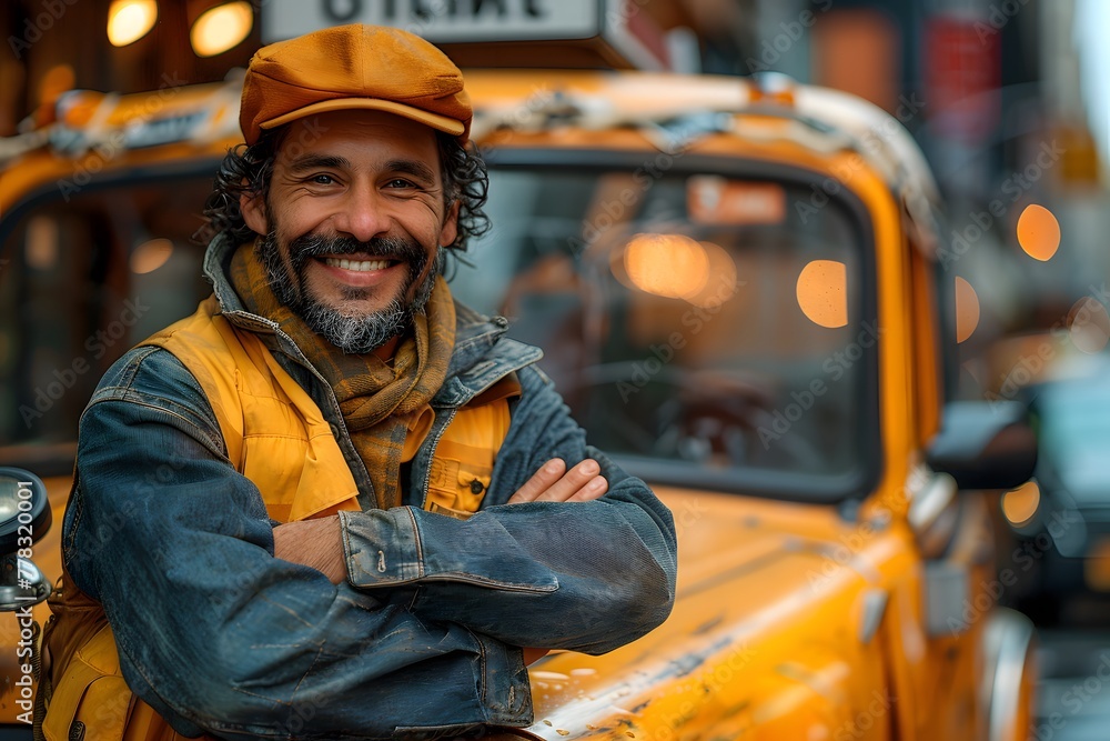 Fototapeta premium Man Standing in Front of a Yellow Taxi