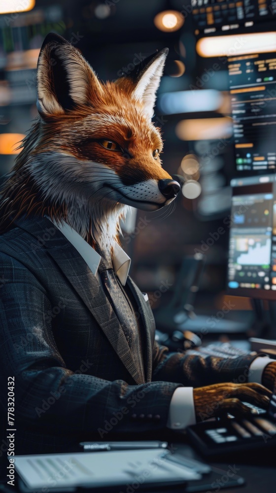Hyper-realistic fox in a suit, analyzing data on multiple screens in a tech startup