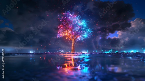 Colorful Neon Tree Display Reflected in Water at Night. Vibrant colors  including red  blue  and purple  reflected on a calm water surface against a night sky