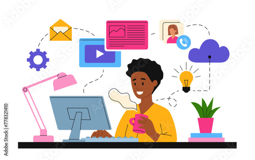 Working at home vector flat style illustration. Home office illustration. Young man freelancer working on laptop or computer at home. Business man multitasking at home in quarantine