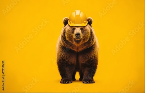 a bear wearing a yellow construction hard hat