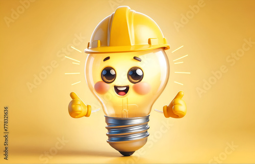 a cartoon character of a light bulb wearing a yellow construction hard hat