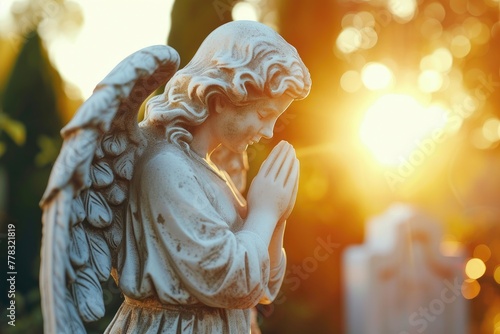 A Reverent Autumn: Praying Angel Amidst Sunlit Graves