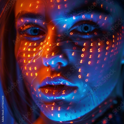 woman with binary digits pattern embedded into her skin