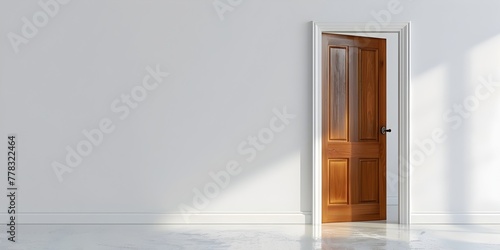 Wooden Door Character Swinging Open on Bright White Background Threshold of Opportunity and Possibility