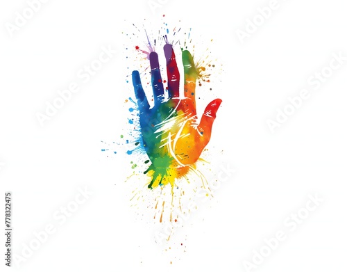 A hand with rainbow colors painted on it. The hand is raised in the air. The image is colorful and vibrant, conveying a sense of joy and celebration