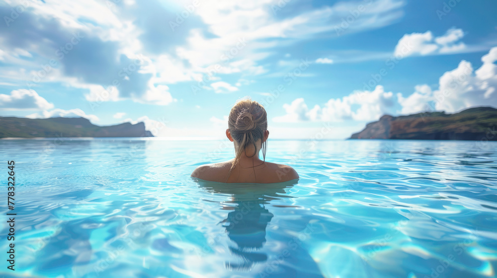 Beautiful woman swimming in a private pool. Summer holiday in the tropics, resort. Beautiful woman swimming in a private pool. Summer holiday in the tropics, resort.