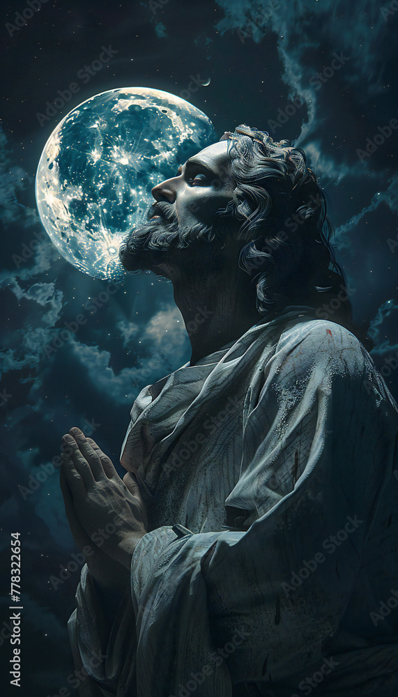 Vertical recreation of Jesus Christ praying in a blue night	
