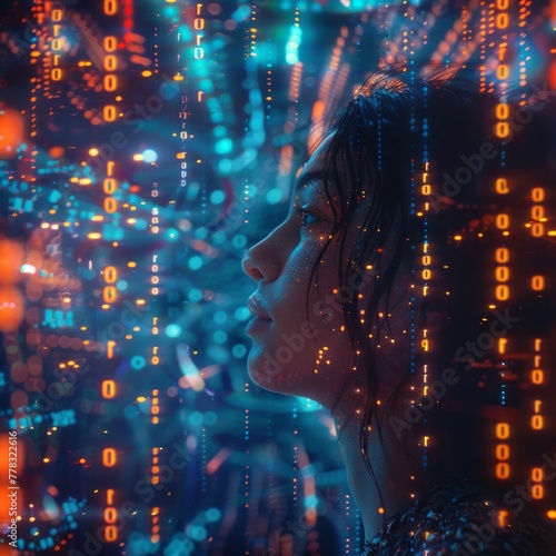 A woman in profile surrounded by glowing data streams, symbolizing the impact of AI on society and business