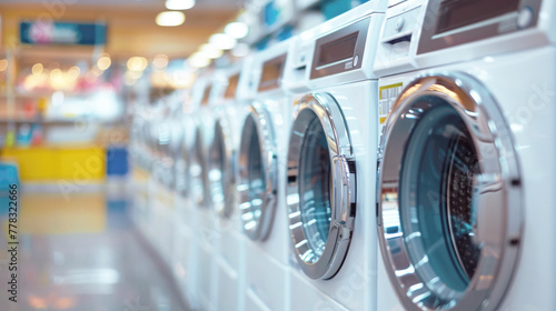 Professional laundry with a many washing machines. Row of washing machines on display in appliance store.