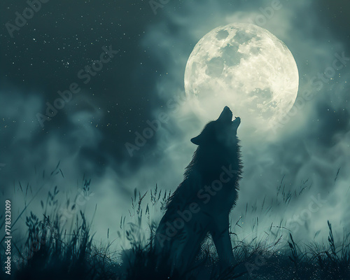 A lone wolf howling under the full moon, its figure gradually turning into a misty silhouette, merging with the night air