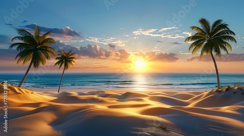 Tranquil Sunrise over Sandy Beach and Palm Trees, Palm Trees on a Beach at Sunset, To provide an eye-catching and serene image for travel, tourism, or lifestyle promotions