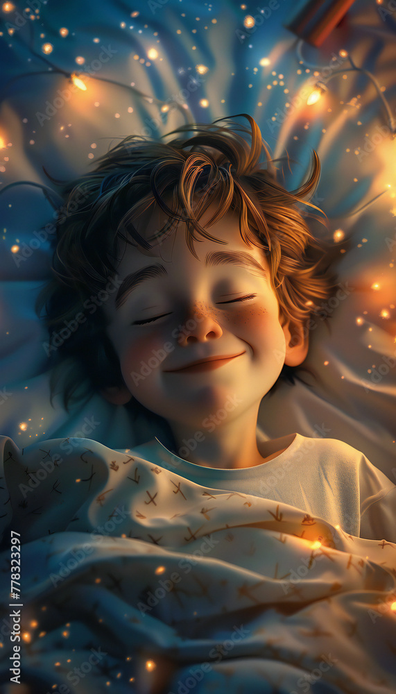 Vertical recreation of a happy child sleeping peacefully in his bed Vertical recreation of a happy child sleeping peacefully in his bed