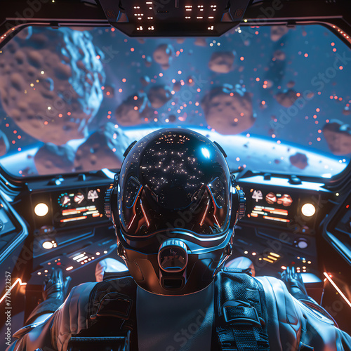 A player with a makeshift spaceship cockpit in their living room, wearing a helmet, piloting through an asteroid field in a space game