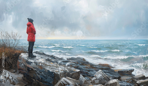 solitary figure overlooking stormy seascape with dramatic sky