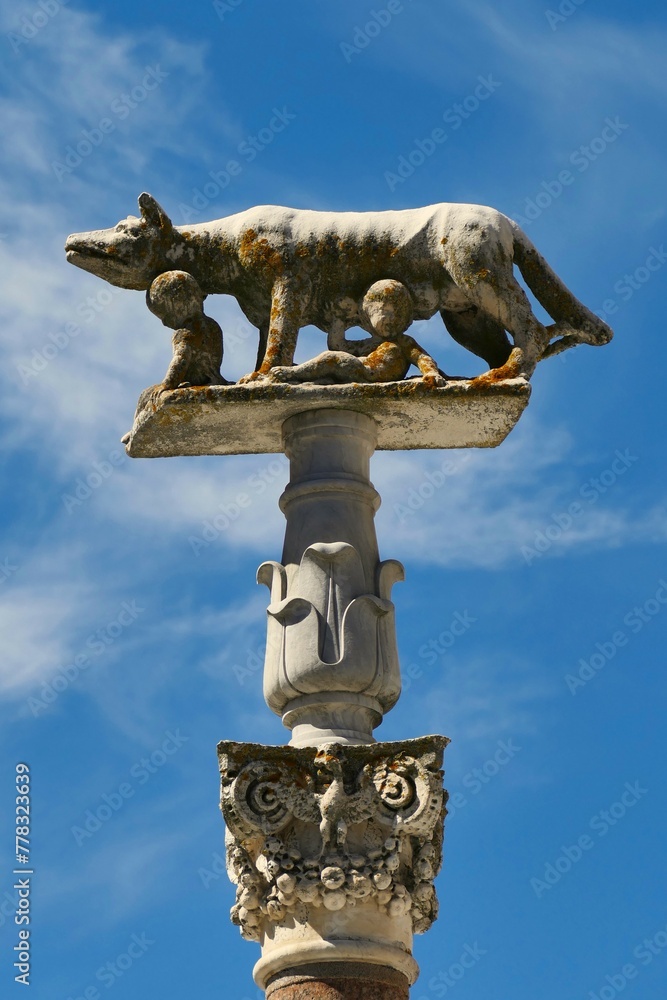 Fototapeta premium La statue de la louve allaitant Romulus et Rémus devant la cathédrale Santa Maria Assunta à Sienne 