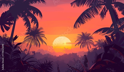 tropical sunset silhouette with palm trees and vibrant sky