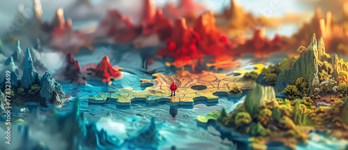 A tiny explorer navigating a vast landscape made entirely of interconnected jigsaw pieces, each piece a different ecosystem