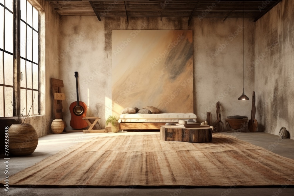 Fototapeta premium Zen-like minimalistic room with weathered floors and earthy tones. Dreamy earth tones, rustic accents. Ample wall space for artists to showcase their art.