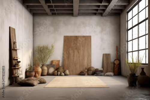 Zen-like minimalistic room with weathered floors and earthy tones. Dreamy earth tones, rustic accents. Ample wall space for artists to showcase their art. © Pixel Alchemy