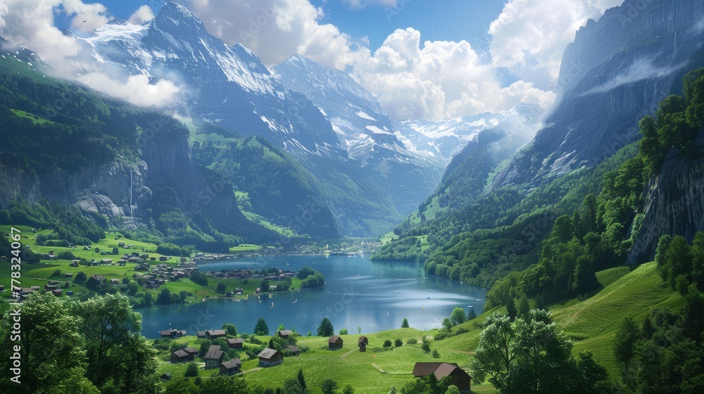 photograph of Summer Switzerland realistic --ar 16:9 Job ID: 2f21bfe3-dc41-418a-ac9f-5c4c3a1b5446