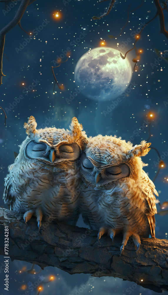 Vertical recreation of two cute owls asleep and curled up in a tree at night