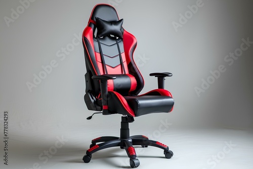 A black and red office chair with a cat face on it