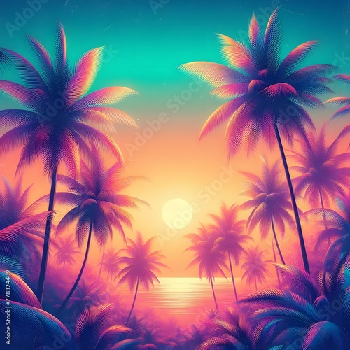 Tropical beach with palm trees at sunset. Vector illustration generated by ai © Sharmin18april