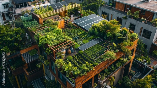Modern Urban Garden On Rooftop with Solar Panels, Lush Greenery And Sustainable Architecture, Integration Of Nature In City Life, AI Generated