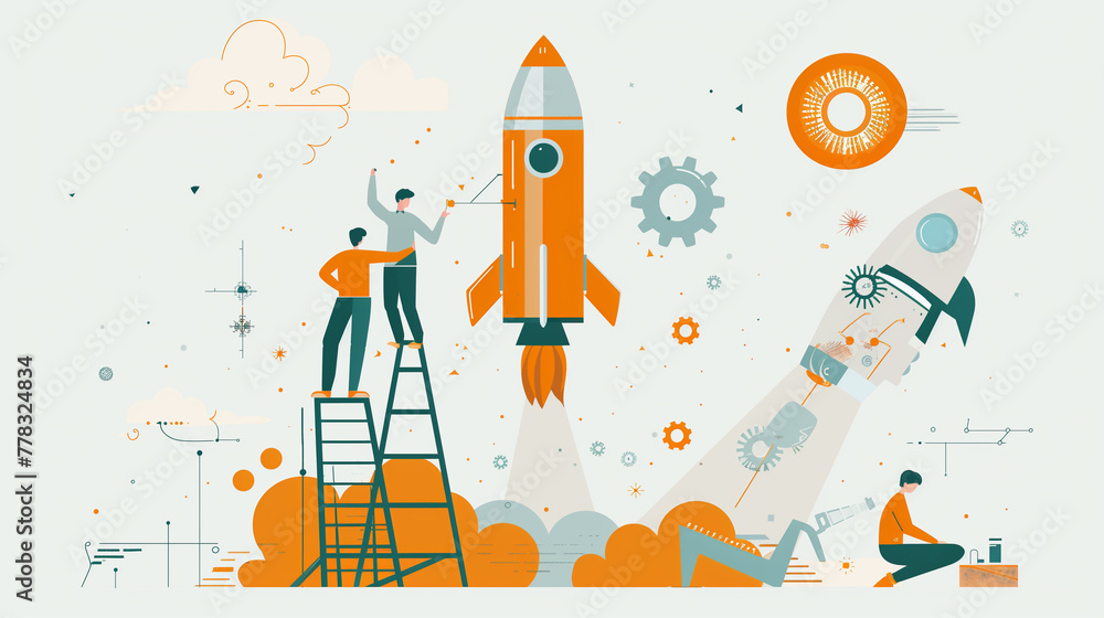 Hand Drawing Doodle with Rocket and Hand Drawing Doodle with Rocket and