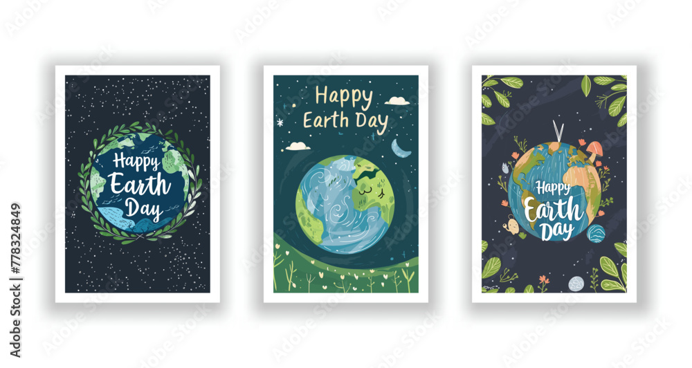 Set of 3 Hand-Drawn, Minimalist Vector Illustration Postcards, Happy Earth Day Celebration Set of 3 Hand-Drawn, Minimalist Vector Illustration Postcards, Happy Earth Day Celebration