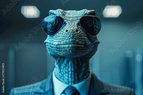 Sophisticated Reptilian Humanoid in Suit Posing Confidently for Portrait in Urban Setting