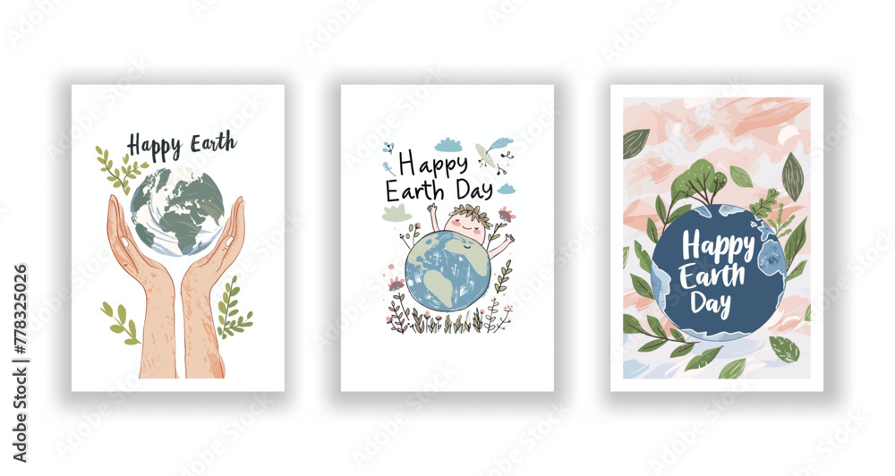 Set of 3 Hand-Drawn, Minimalist Vector Illustration Postcards, Happy Earth Day Celebration