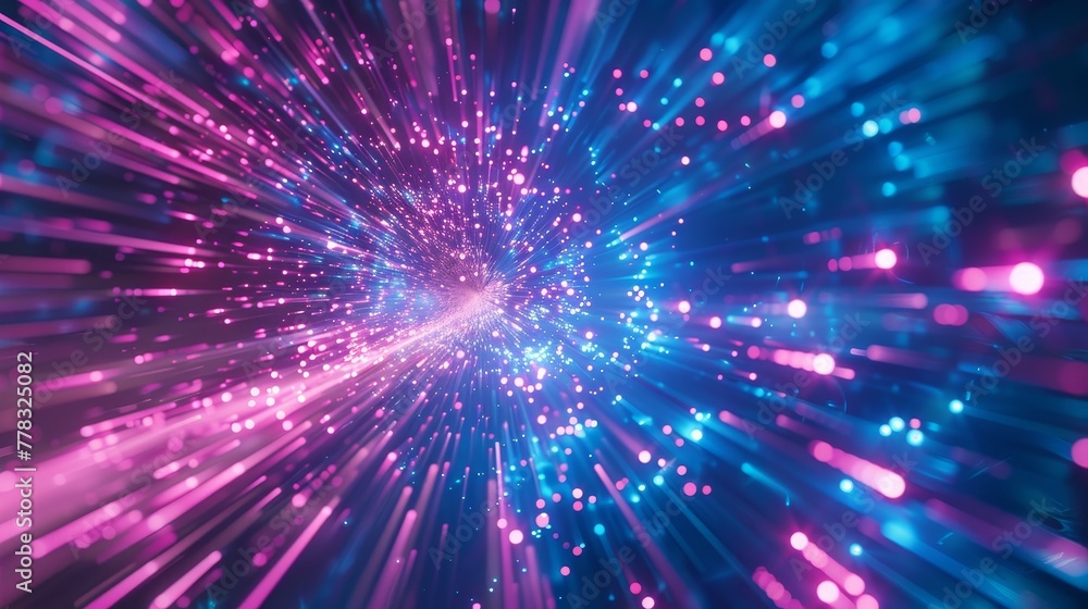 Fototapeta premium An abstract cosmic panorama in 3D, with neon rays and glowing lines. Speed of light.