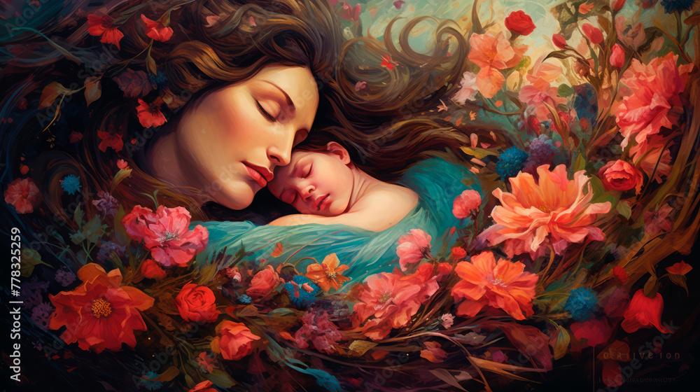 Serene painting of a mother cradling her sleeping child amidst a lush floral setting, evoking peace and maternal love.