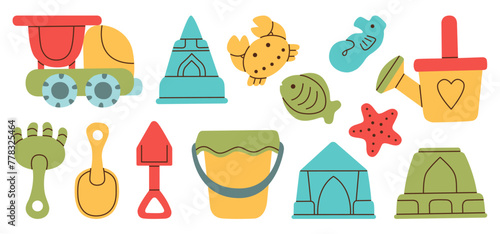 Set of children toys and molds for building sand castle flat design vector illustration, Game for children on beach.