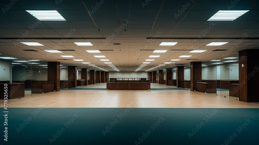 Fototapeta premium Modern office space with cubicles and bright lighting, designed for productivity and corporate work environments.