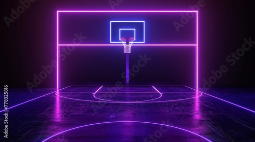 In this 3d render, violet blue glowing neon lights provide a frontal view of the basketball virtual playground, which is part of a sport field scheme and a sporting game. Isolated on black