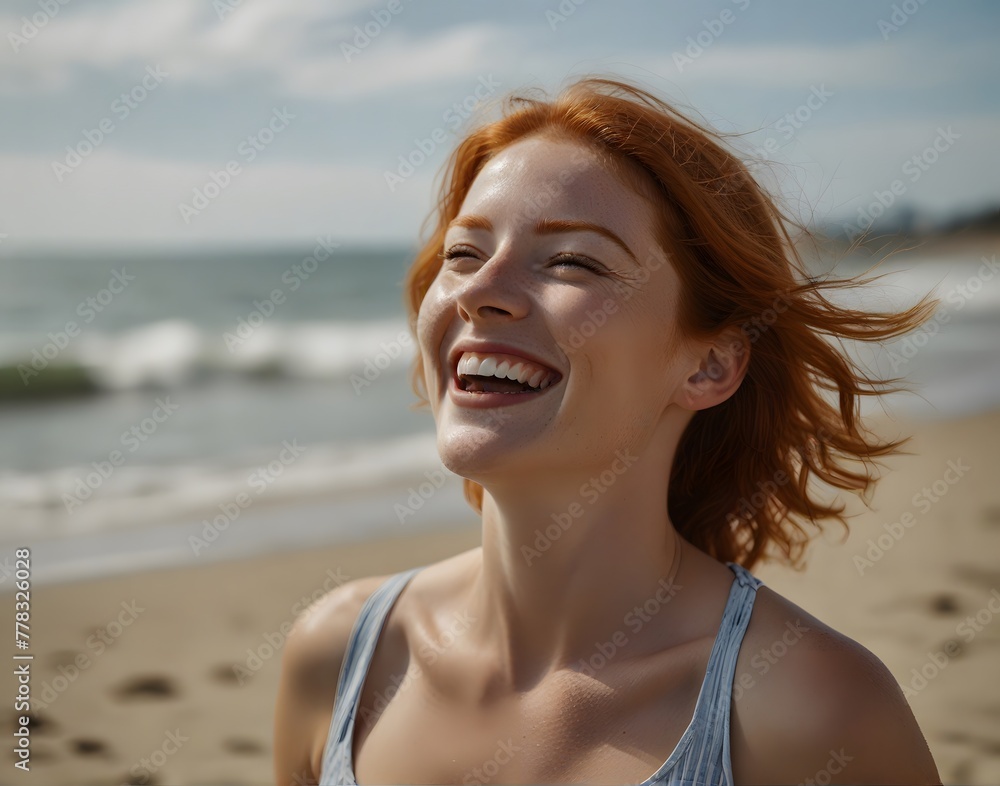 Portrait of a redheaded woman- laughing happily on the beach