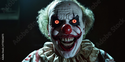 Ultra creepy clown with large bloody smiling mouth and rotting teeth, evil glowing orange eyes and balding hair line with white face paint stalking victims in a dimly lit dark interior corridor. 