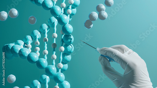 Scientific Concept with Blue DNA Strands and Hand in Glove Holding Syringe