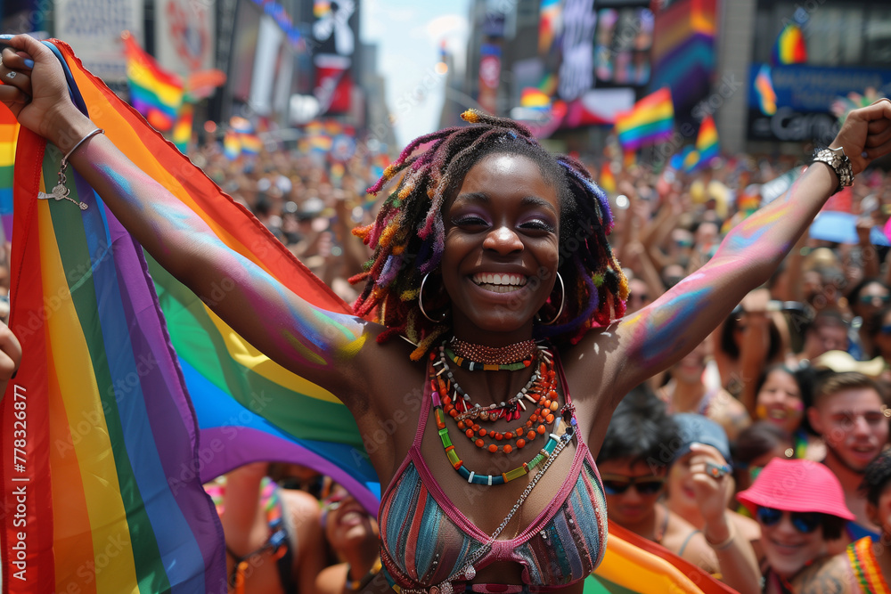 Happy Black Woman at Pride Celebration Parade in June with LGBTQ+ Community. Rainbow Flags and Colors.