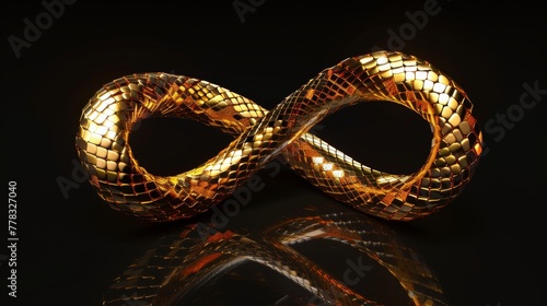 The twisted loop infinity symbol is rendered in 3D with a shiny golden snake scale texture isolated on black.